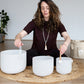 Set of 3 White Crystal Singing Bowls in Beige Bag