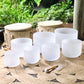 Set of 7 White Crystal Singing Bowls in Beige Bags